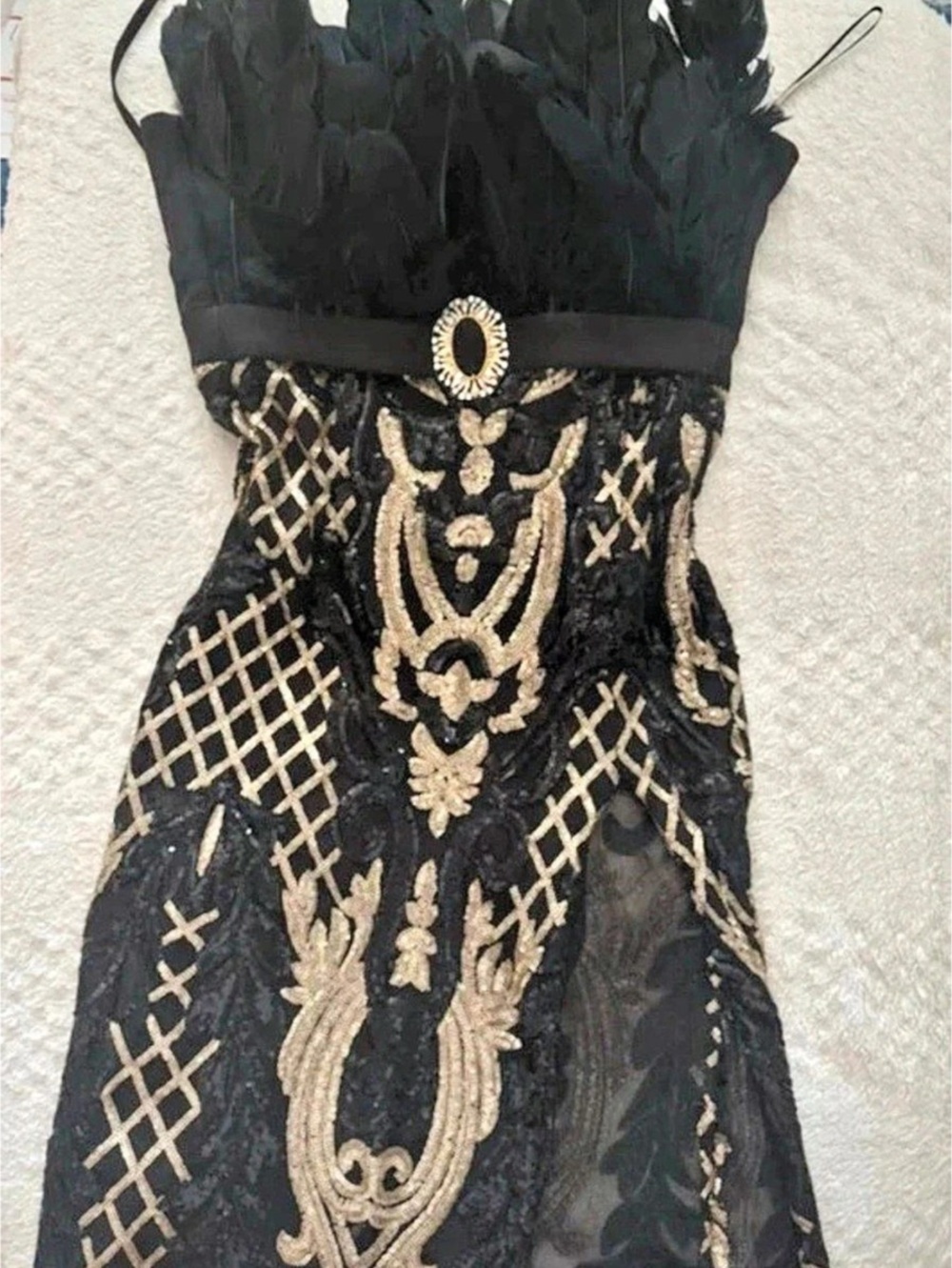 Boutique Black Feather Neck Embellished Maxi Dress